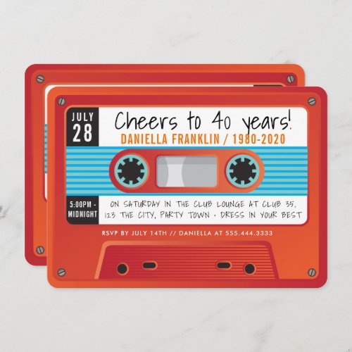 CASSETTE TAPE vintage disco birthday red orange Invitation