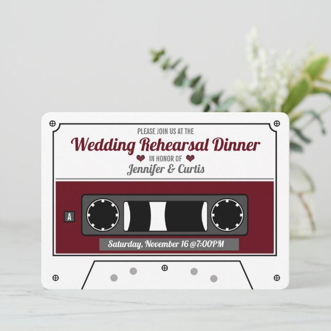 Cassette Tape Wine Red Wedding Rehearsal Dinner  Invitation (Standing Front)