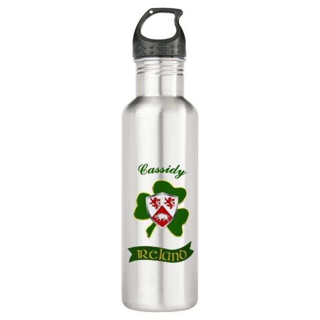 Cassidy Irish Shield & Shamrock Personalized  Stainless Steel Water Bottle (Front)
