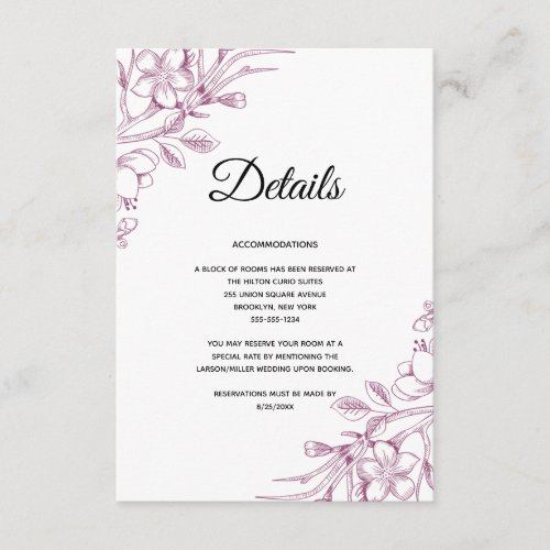 Cassis and Pink Floral Wedding Details Card