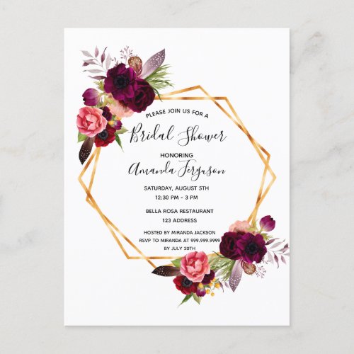 Cassis burgundy floral bridal shower invitation postcard
