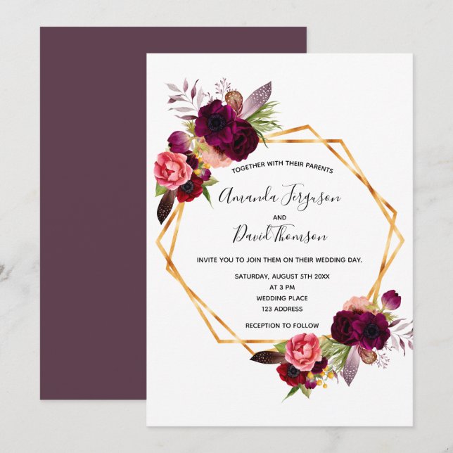 Cassis burgundy florals gold geometric wedding invitation (Front/Back)