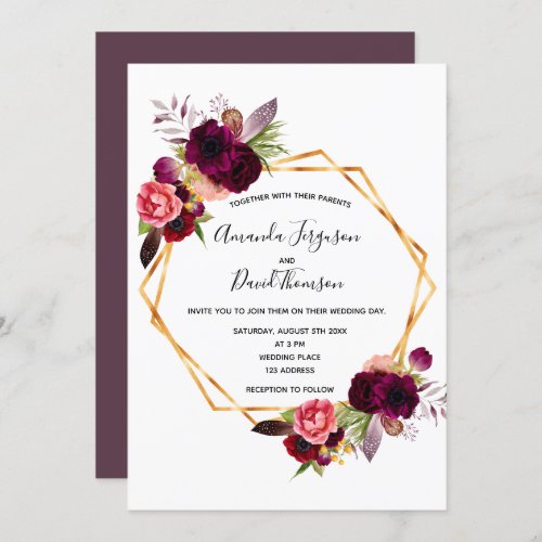 Cassis burgundy florals gold geometric wedding invitation