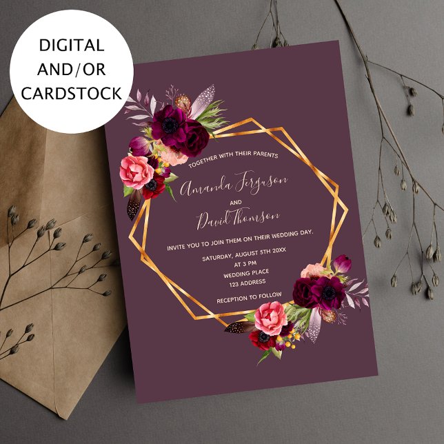 Cassis burgundy florals gold geometric wedding invitation (Creator Uploaded)