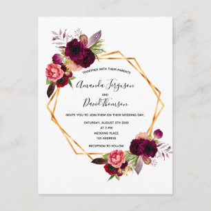 Cassis burgundy florals gold wedding invitation postcard