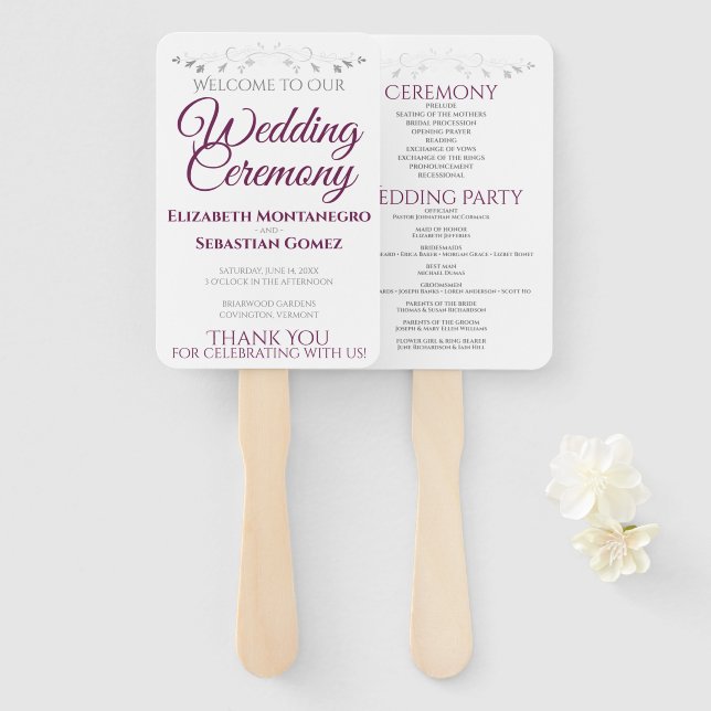 Cassis & Gray Elegant Wedding Fans with Program (Front and Back)
