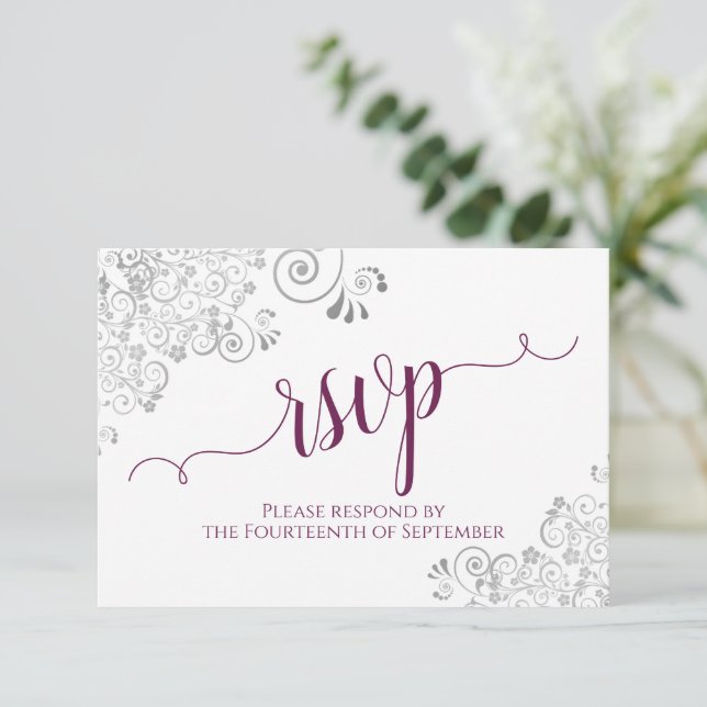 Cassis Magenta & White Elegant Calligraphy Wedding RSVP Card (Standing Front)
