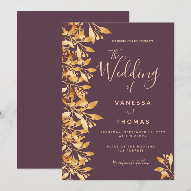 Cassis maroon gold botanical script wedding invitation (Front/Back)
