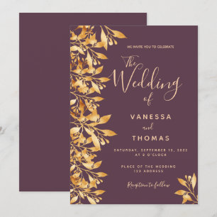 Cassis maroon gold botanical script wedding invitation