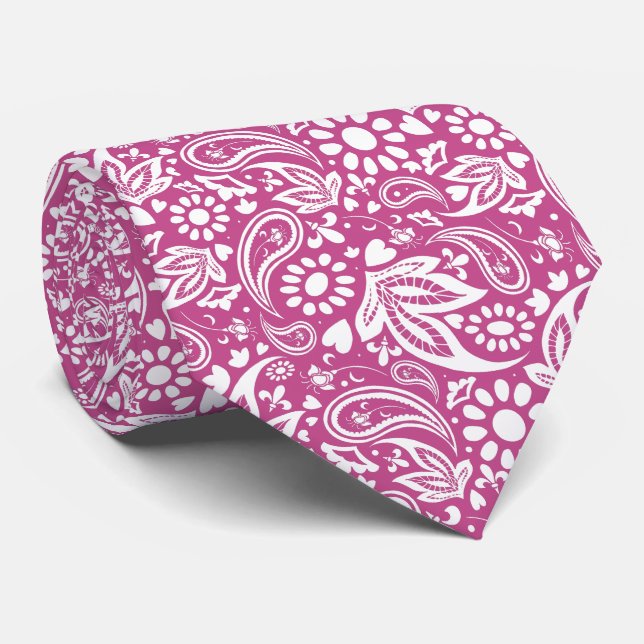 Cassis Mulberry and White Romantic Paisley Pattern Neck Tie (Rolled)