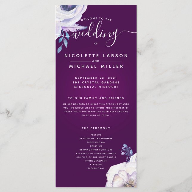 Cassis Navy Blue and Lilac Flowers Wedding Program (Front)