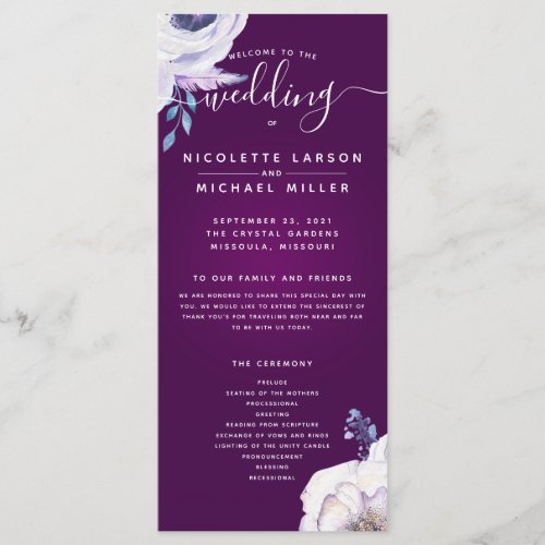 Cassis Navy Blue and Lilac Flowers Wedding Program