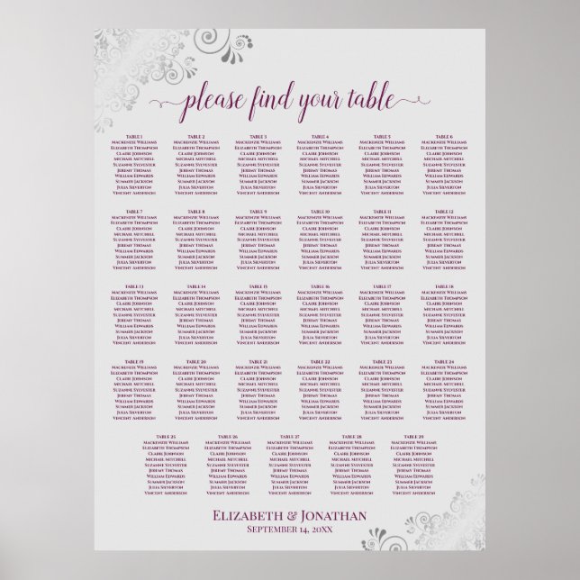 Cassis on Gray 29 Table Wedding Seating Chart (Front)