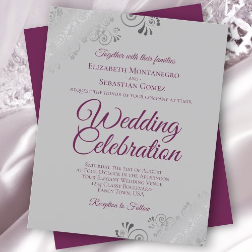 Cassis on Gray Frilly BUDGET Wedding Invitation