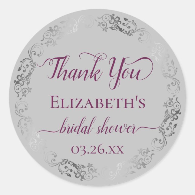 Cassis on Gray Silver Lace Bridal Shower Thank You Classic Round Sticker (Front)