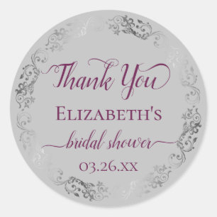 Cassis on Gray Silver Lace Bridal Shower Thank You Classic Round Sticker