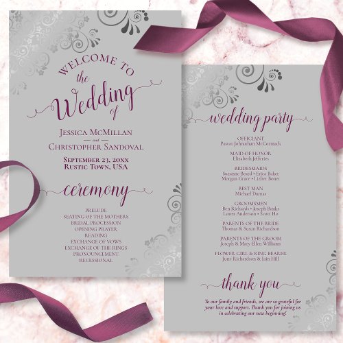 Cassis on Gray Silver Lace Budget Wedding Program