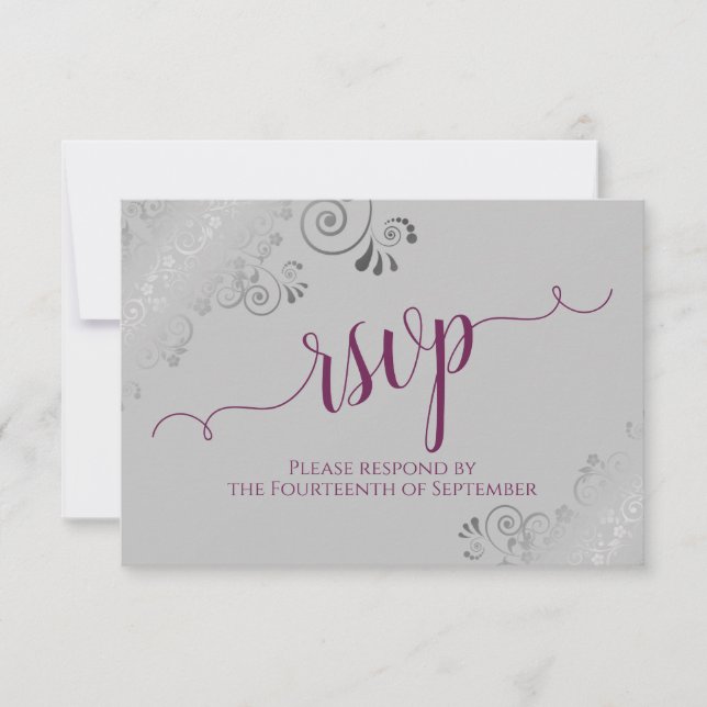 Cassis on Gray Silver Lace Calligraphy Wedding RSVP Card (Front)