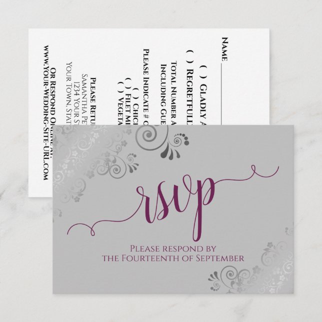 Cassis on Gray Silver Lace Calligraphy Wedding RSVP Card (Front/Back)