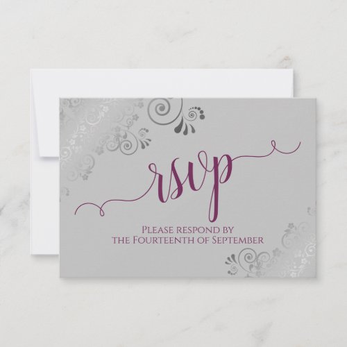 Cassis on Gray Silver Lace Calligraphy Wedding RSVP Card