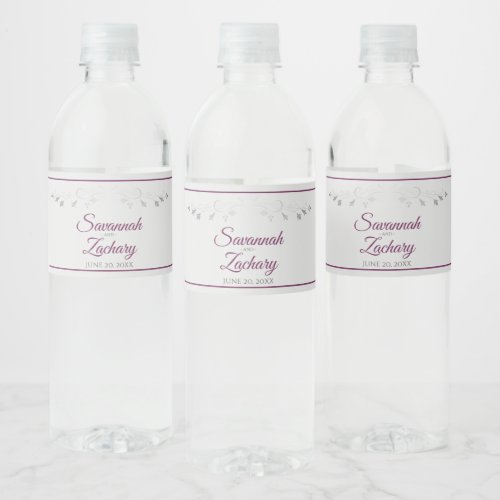 Cassis on Gray Vintage Flourish Elegant Wedding Water Bottle Label