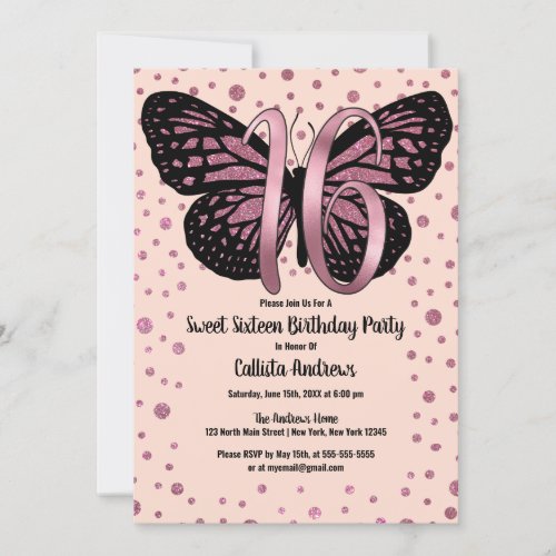 Cassis Pink Butterfly Glitter Confetti Sweet 16 Invitation