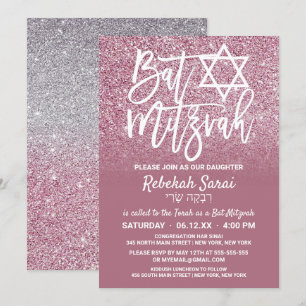 Cassis Pink Silver Faux Glitter Ombre Bat Mitzvah Invitation