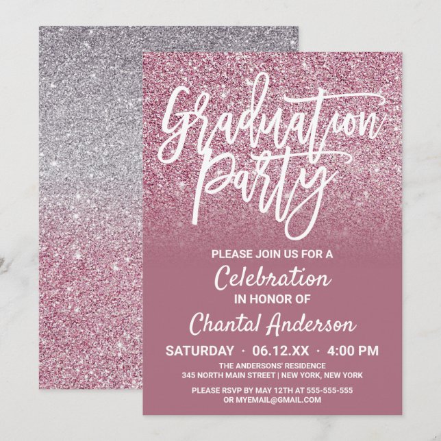 Cassis Pink Silver Faux Glitter Ombre Graduation Invitation (Front/Back)