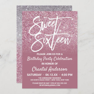 Cassis Pink Silver Glitter Ombre Sweet Sixteen Invitation