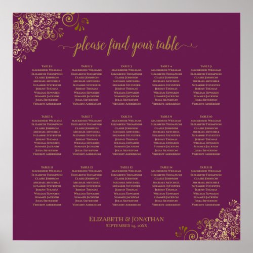 Cassis Purple 15 Table Wedding Seating Chart Gold