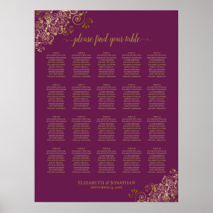 Cassis Purple 20 Table Wedding Seating Chart Gold