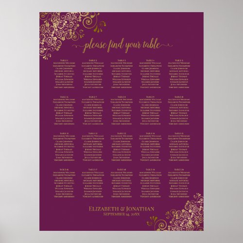Cassis Purple 20 Table Wedding Seating Chart Gold