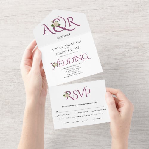 Cassis purple ampersand with white rose wedding all in one invitation