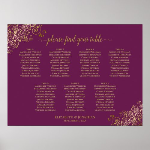 Cassis Purple  Gold 7 Table Wedding Seating Chart