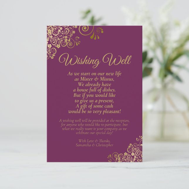 Cassis Purple Gold Curls Wedding Wishing Well Poem Enclosure Card (Standing Front)
