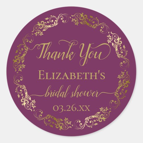 Cassis Purple  Gold Lace Bridal Shower Thank You Classic Round Sticker