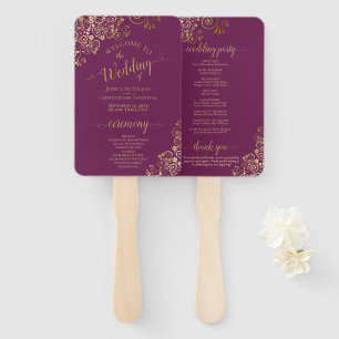 Cassis Purple & Gold Lace Elegant Wedding Program Hand Fan