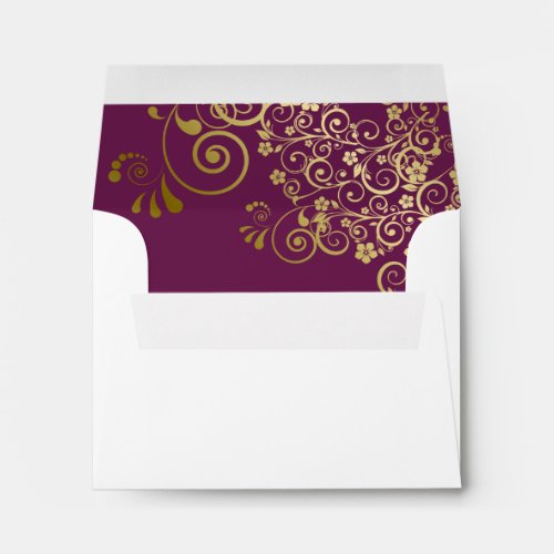 Cassis Purple Gold Lace Inside White Wedding RSVP Envelope