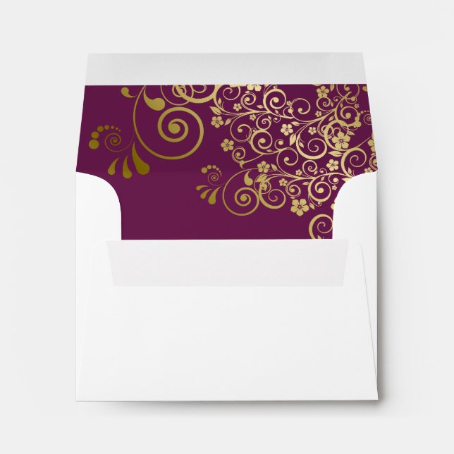 Cassis Purple Gold Lace Inside White Wedding RSVP Envelope (Back (Bottom))