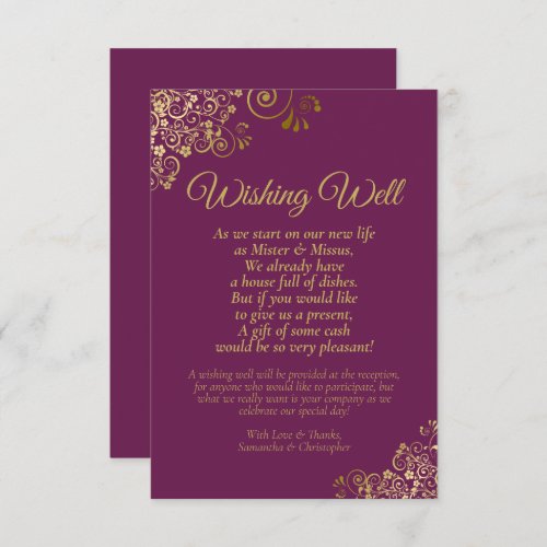 Cassis Purple Gold Lace Wedding Wishing Well Poem Enclosure Card