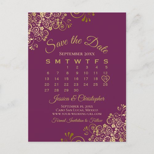 Cassis Purple Gold Wedding Save the Date Calendar Announcement Postcard