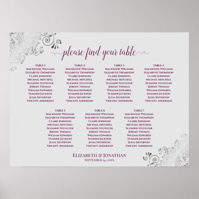 Cassis Purple & Gray 7 Table Wedding Seating Chart (Front)