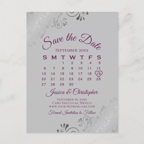 Cassis Purple Gray Wedding Save the Date Calendar Announcement Postcard