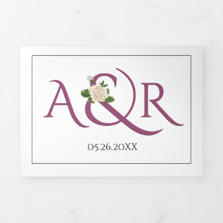 Cassis purple initials and ampersand, rose wedding Tri-Fold invitation