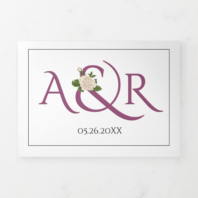 Cassis purple initials and ampersand, rose wedding Tri-Fold invitation (Cover)