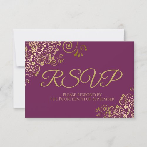 Cassis Purple Magenta Elegant Gold Curls Wedding RSVP Card