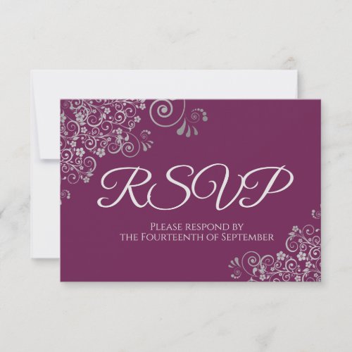 Cassis Purple Magenta Elegant Silver Lace Wedding RSVP Card