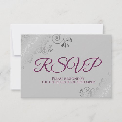 Cassis Purple on Gray Elegant Silver Lace Wedding RSVP Card