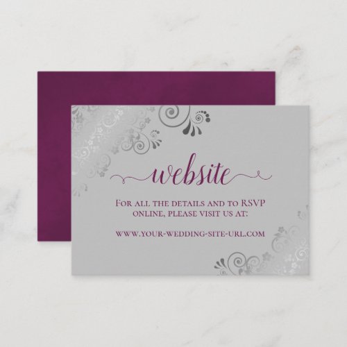 Cassis Purple on Gray Silver Lace Wedding Website Enclosure Card