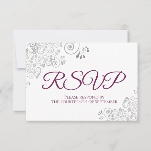 Cassis Purple on White Elegant Silver Lace Wedding RSVP Card